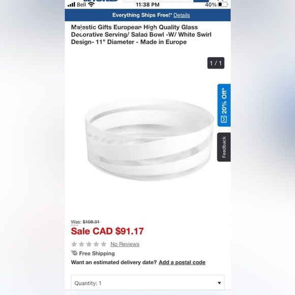 European High Quality Glass Decorative Serving/ Salad Bowl -W/ White Swirl - Picture 1 of 2